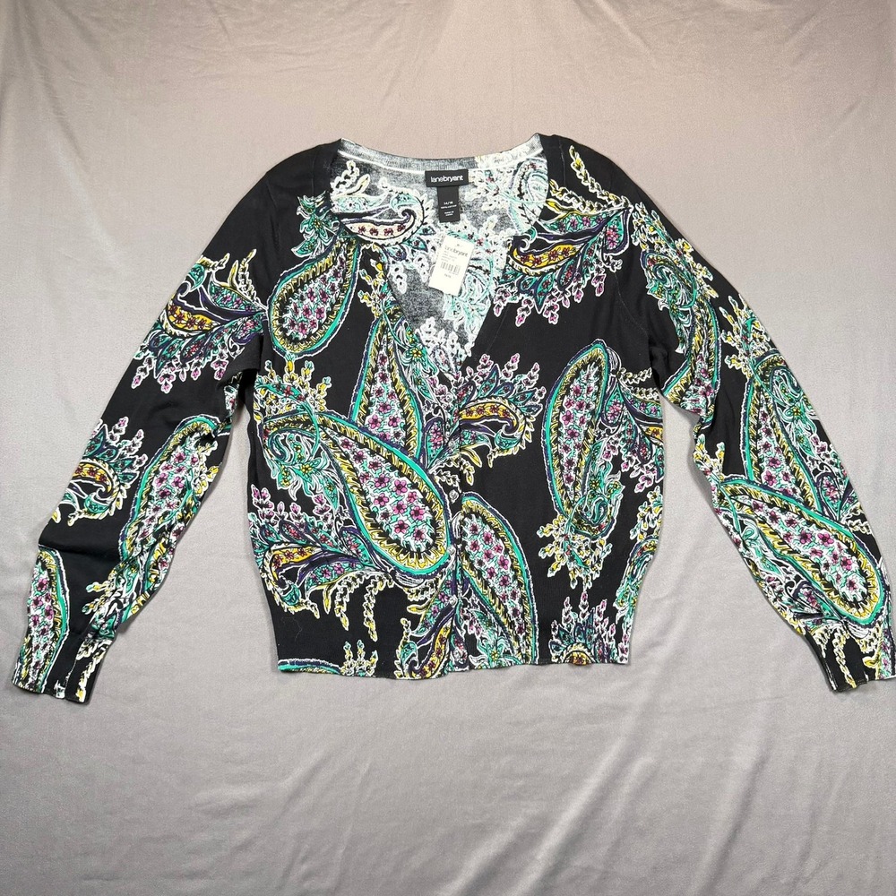 Lane Bryant Paisley Cardigan Womens 14/16 Black Multi Rhinestone Button Office